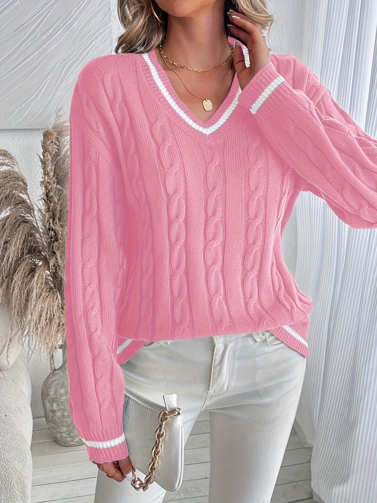 Striped Trim Sweater | Støt brystkræft